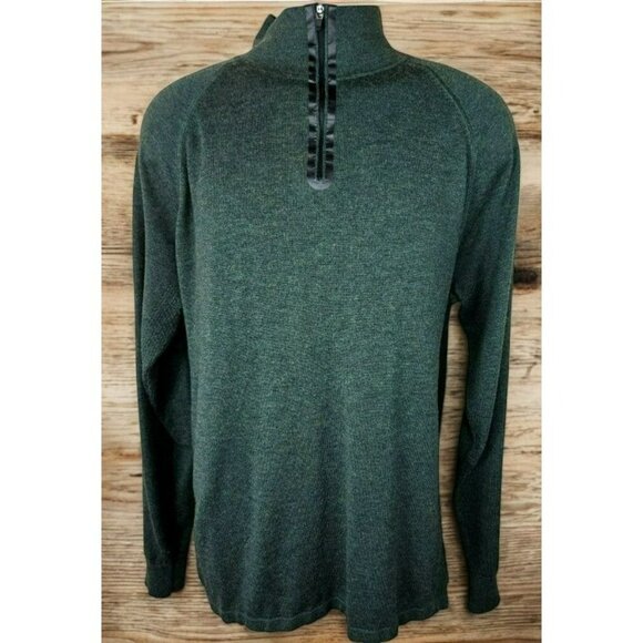 01.Algo Mens Green Wool Blend Sweater Large Performance Quarter-Zip Pullover - Picture 1 of 10